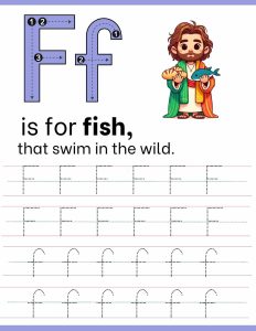 F is for Fish, Letter F Tracing and Coloring Worksheet - Faith Phonics